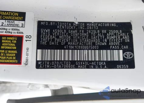 2013 Toyota Avalon Xle Touring z USA, uszkodzony, nr VIN 4T1BK1EB9DU075003